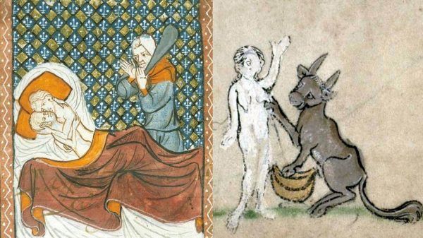 Jakby na sprawę nie patrzeć, grzech miał kształt kobiety... Po lewej Mars i Wenus znalezieni w łożu przez Wulkana, "Roman de la Rose", Francja ok. 1380 roku, po prawej flandryjskie godzinki z ok. 1300 roku (źródło: domena publiczna).