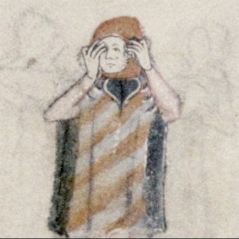 Płacząca postać. Fragment XIV-wiecznego manuskryptu "Aleksandreidy" (źródło: domena publiczna). Płacząca postać. Fragment XIV-wiecznego manuskryptu "Aleksandreidy" (źródło: domena publiczna).