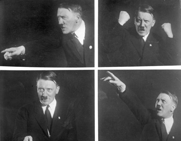 Hitler niestety okazał się świetnym mówcą, którego gesty i słowa porywały tłumy... Na zdjęciach Adolf ćwiczy pozy do swoich przemówień, 1927 rok (źródło: Bundesarchiv, lic.: CC BY-SA 3.0 de).