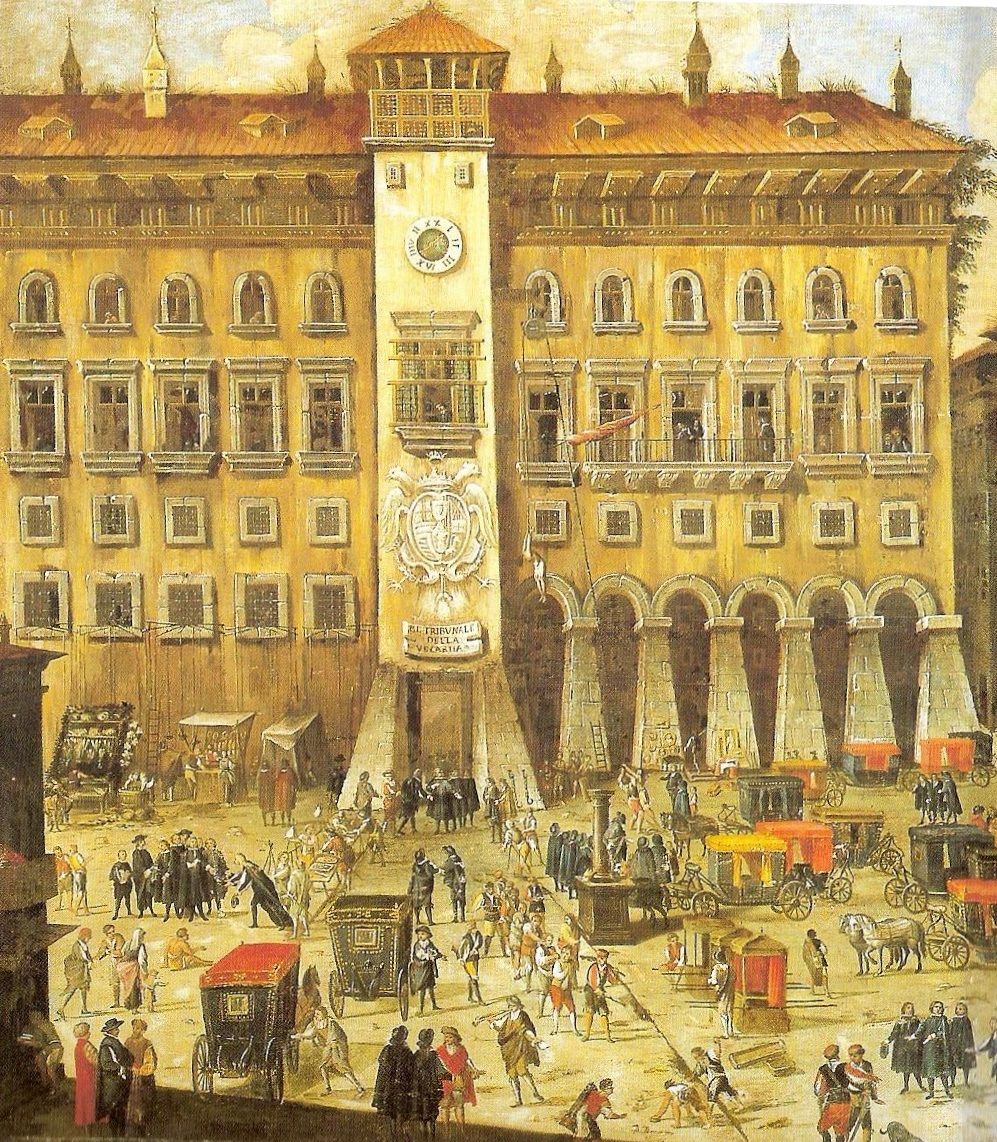 Neapolitański Castel Capuano na obrazie Carlo Coppoli. To właśnie tam zdecydowano o małżeństwie Bony i Zygmunta (źródło: domena publiczna).