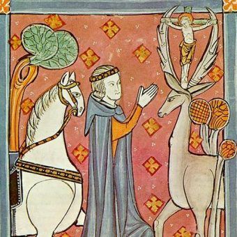 Święty Hubert (lub Eustachy) z koniem i jeleniem na XIII-wiecznym angielskim manuskrypcie (źródło: domena publiczna).
