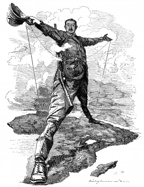 Cecil Rhodes jako kolos, łączący siecią telegraficzną Cape i Cair (autor: Edward Linley Sambourne, źródło: domena publiczna).