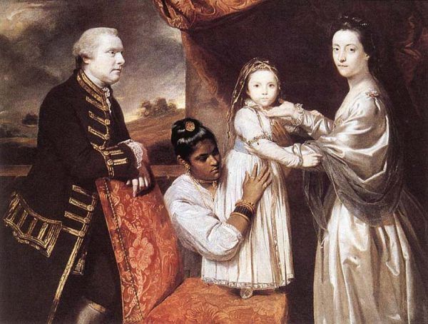 Idealny obrazek według brytyjskich kolonizatorów: biała rodzina i ciemnoskóra służąca. Na obrazie George Clive z żoną, córką i indyjską pokojówką (autor obrazu: Joshua Reynolds, źródło: domena publiczna).