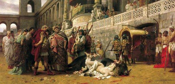 Los chrześcijan w czasie prześladowań został Rzymianom szczególnie zapamiętany. Okrucieństwo starożytnych zapładniało wyobraźnię artystów XIX wieku. Henryk Siemiradzki, "Dirce chrześcijańska" (źródło: domena publiczna).