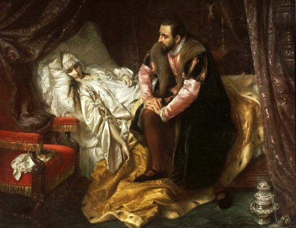 Zygmunt August szczerze wierzył, że za śmiercią jego ukochanej Barbary stała, nasłana przez Bonę, wiedźma nazywana „Wielkim Ożogiem”. Na ilustracji ostatnie chwile Barbary pędzla Jana Matejki (źródło: domena publiczna).