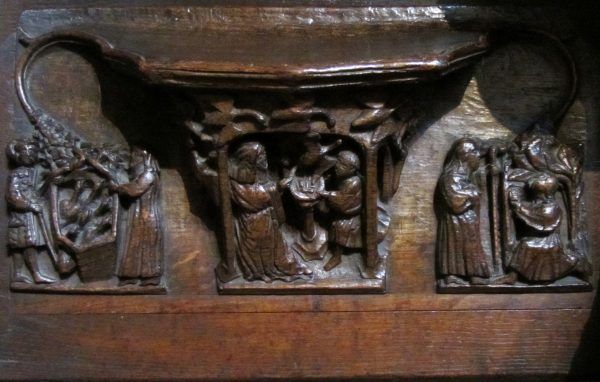 Cuda świętej Werburgi, łącznie ze wskrzeszeniem gęsi, zilustrowane w katedrze w Chester (fot. Stephen Hamilton, lic. CC BY-SA 3.0).