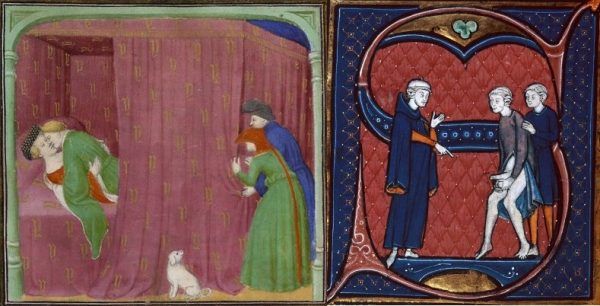 Podglądactwo i publiczne obnażanie. I te przypadłości znane były dobrze przed tysiącleciem. Po lewej ilustracja z francuskiego manuskryptu "De proprietatibus rerum" z 1410 roku, po prawej XIII-wieczny "Canon medicinae" Awicenny (źródło: domena publiczna).