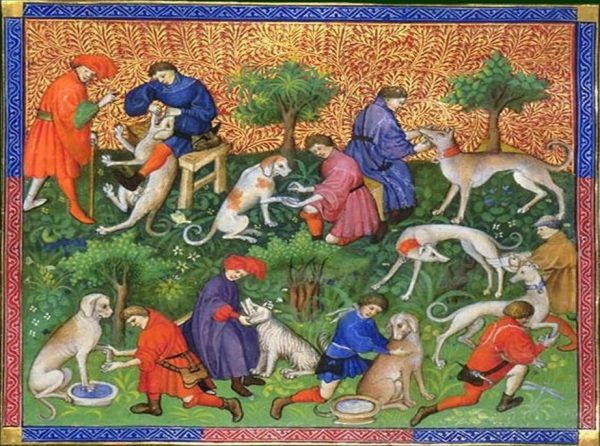 Czy wśród tej zgrai mógł się trafić kolejny kandydat na świętego, który własnym ciałem obroniłby dziecko? Ilustracja z „Livre de chasse” autorstwa hrabiego Gastona Febusa z końcówki XIV wieku (źródło: domena publiczna).