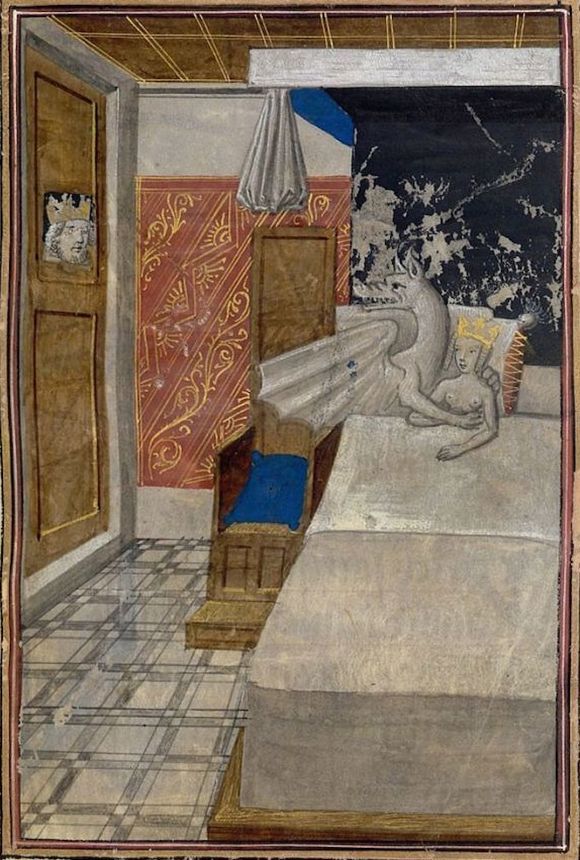 Co się gapisz? Wolę w łóżku smoka od ciebie! Brugijskie "Historiae Aleksandri Magni" z około 1468-1475 roku (źródło: domena publiczna).