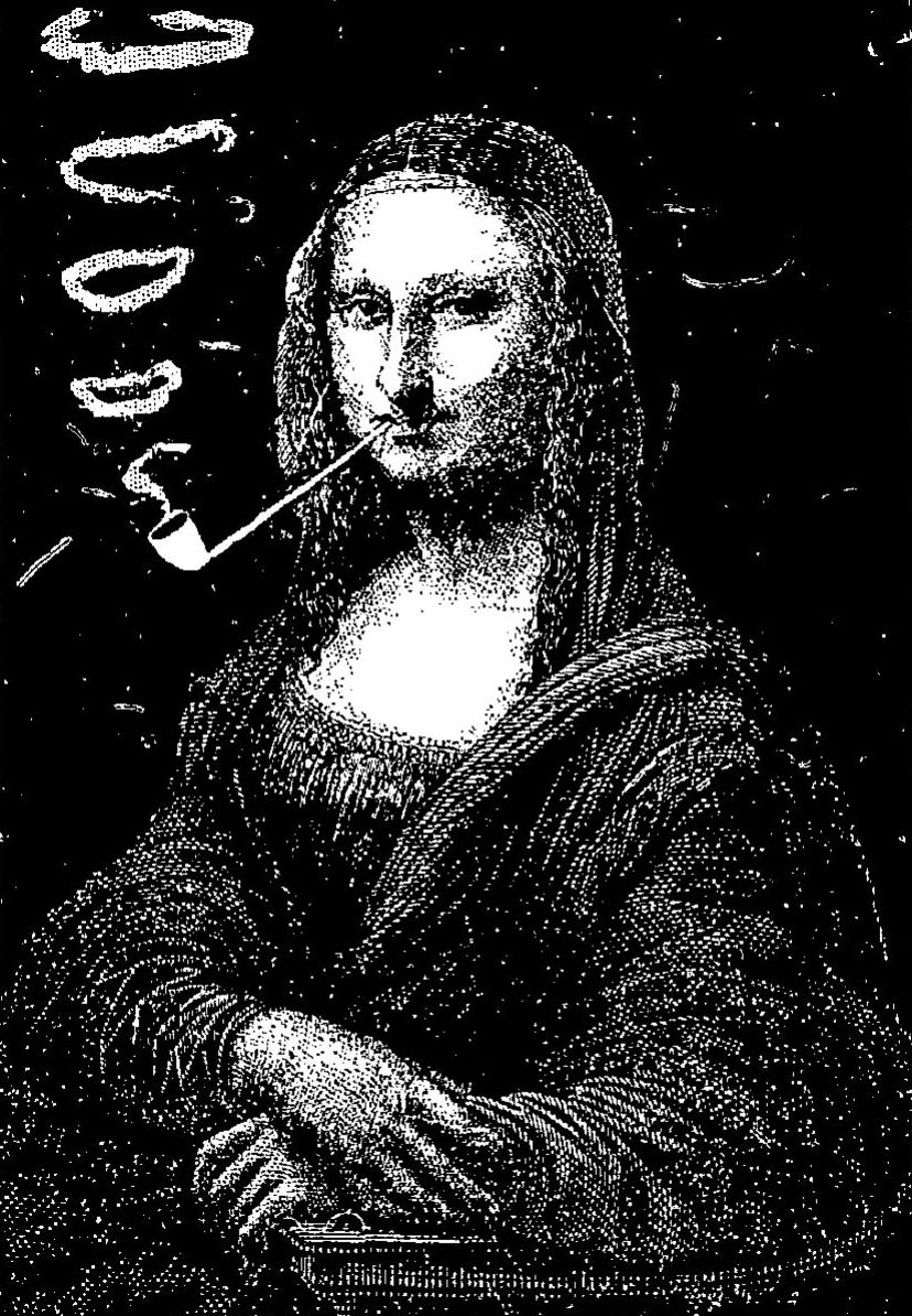 Mona Lisa była wdzięcznym tematem do przeróbek... Przykładowo w 1887 roku na ilustracji Eugène Bataillee w "Le Rire" spokojnie kurzyła fajeczkę... (źródło: domena publiczna).