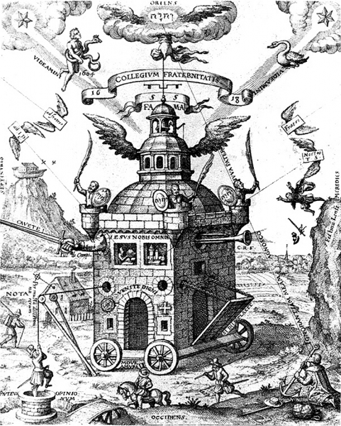 Zagadki, tajemnice... to pasjonowało Juliusza Verne'a. A masoni czy różokrzyżowcy byli uosobieniem zagadkowości. "Świątynia Różokrzyża" autorstwa Teophilusa Schweighardta Constantiensa, 1618 (domena publiczna).