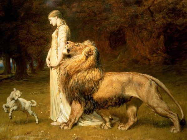 Lew imponuje nie tylko w sztuce i mitologii, ale też na wojnie. Obraz "Una i lew" Britona Rivière'a (źródło: domena publiczna).