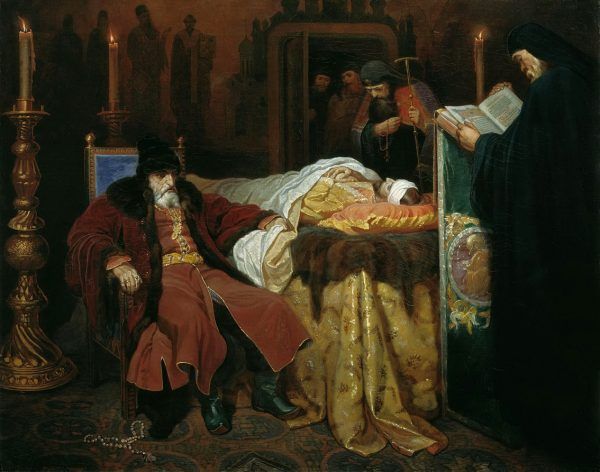 Iwan IV Groźny czuwa przy marach syna. Syna, którego własnoręcznie pozbawił życia. Obraz Wiaczesława Grigorjiewicza Schwarza z 1864 roku (źródło: domena publiczna).