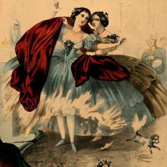 Kobieta w krynolinie, która stanęła w ogniu. Nie ona jedyna. Litografia z ok. 1860 roku (Wellcome Images, lic. CC BY 4.0). Kobieta w krynolinie, która stanęła w ogniu. Nie ona jedyna. Litografia z ok. 1860 roku (Wellcome Images, lic. CC BY 4.0).