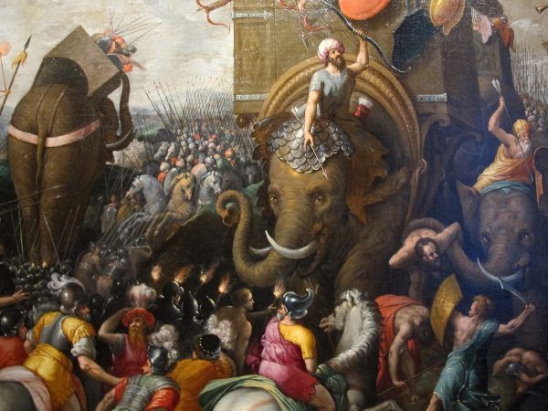 Pijany słoń to wesoły słoń. Mniej więcej. Obraz bitwy pod Zamą pochodzący z końcówki XVI wieku (fot. Sailko, lic. CC BY-SA 3.0).