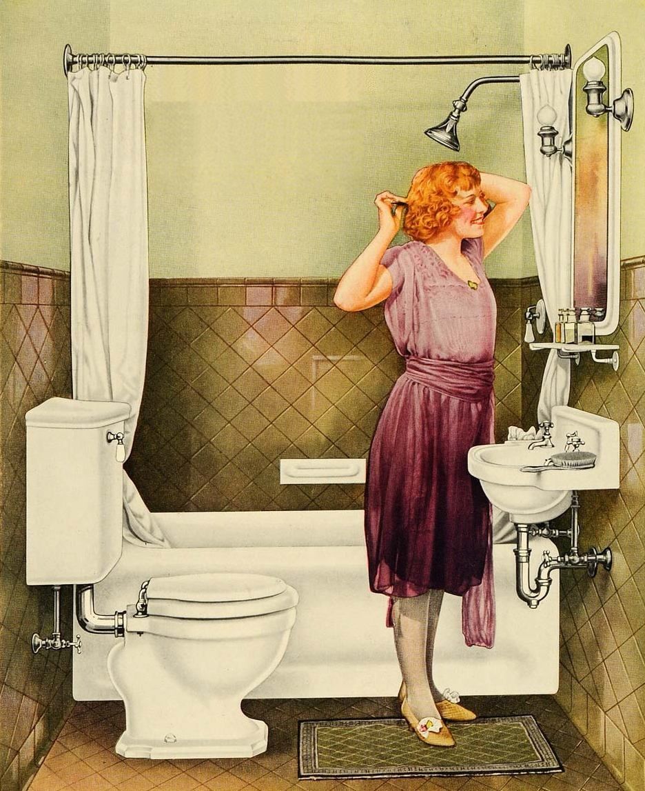 W dwudziestoleciu międzywojennym nowoczesna łazienka nie mogła się obejść bez wanny oraz ścian wyłożonych glazurą (źródło: domena publiczna).