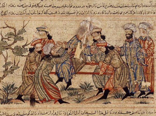 XIV-wieczne malowidło przedstawiające, jak Asasyni zabijają Nizama al-Mulka (źródło: domena publiczna).