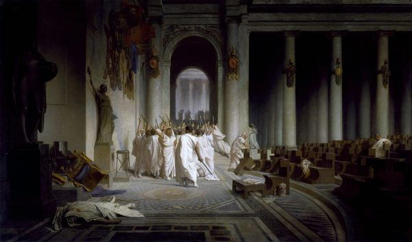 W spisku na życie Cezara mogło brać udział nawet 80 senatorów. Na ilustracji obraz Jeana-Léona Gérôme'a przedstawiający zadowolonych z siebie spiskowców (źródło: domena publiczna).