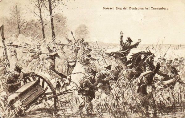 Tylko w pierwszych miesiącach wojny Rosjanie stracili blisko 300 tysięcy żołnierzy w walce z Niemcami. Na ilustracji niemiecka kartka pocztowa wydana z okazji zwycięstwa pod Tannenbergiem (źródło: domena publiczna).