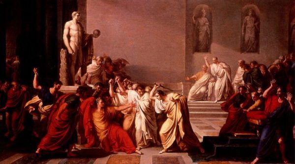 Niewdzięczny Treboniusz przypłacił swój udział w zabójstwie Cezara głową, i to dosłownie. Na ilustracji śmierć Cezara pędzla Vincenzo Camucciniego (źródło: domena publiczna).
