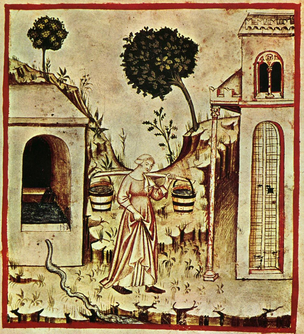 Zwykła woda, czy może zatruta przez starozakonnych? Kto wie, może takie myśli krążyły po głowie tej pani... Obrazek z XIV-wiecznego podręcznika zdrowego życia "Tacuinum Sanitatis" (źródło: domena publiczna).
