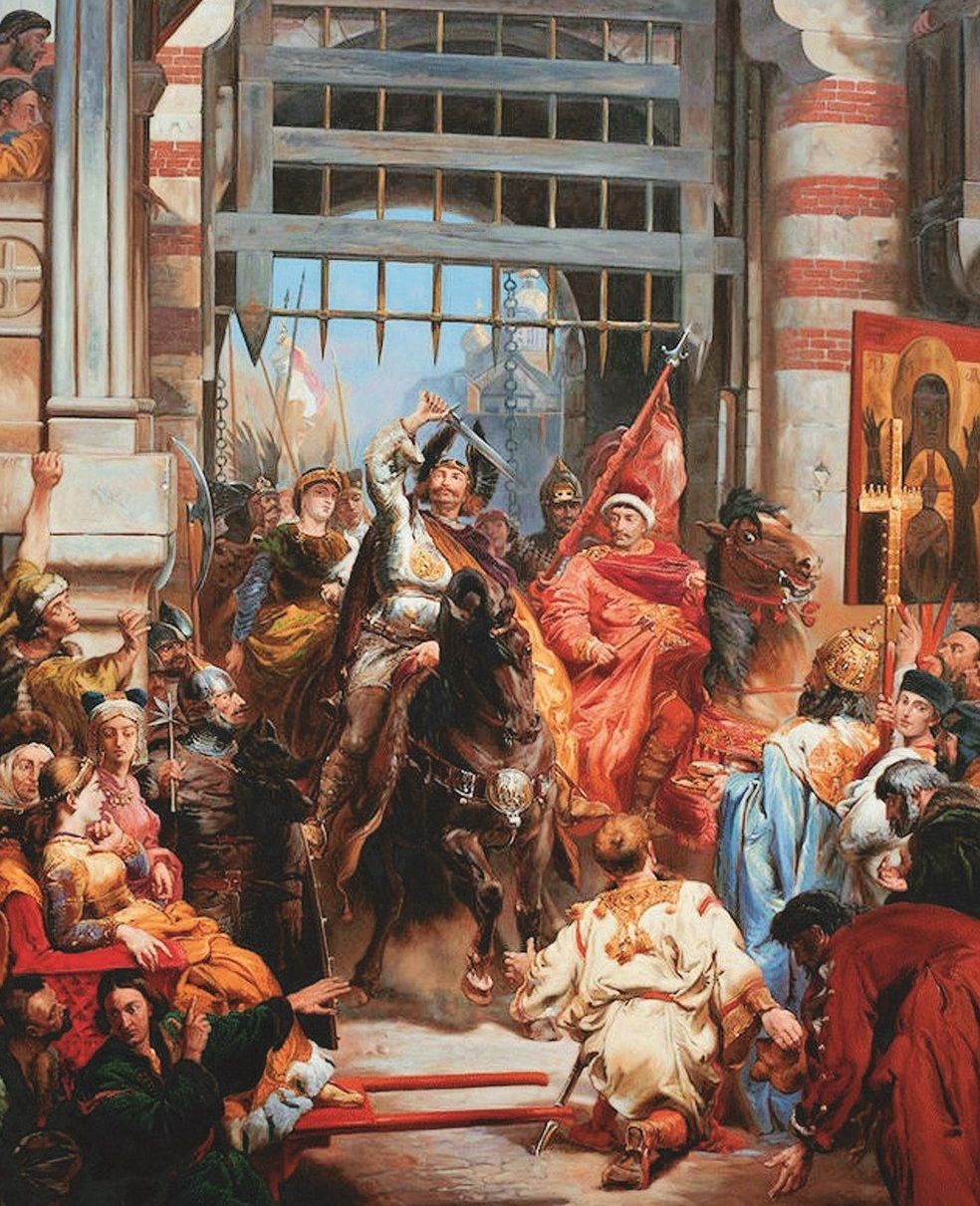 Obraz Jana Matejki przedstawiający wjazd Chrobrego do Kijowa. W lektyce siedzi Przedsława (źródło: domena publiczna).