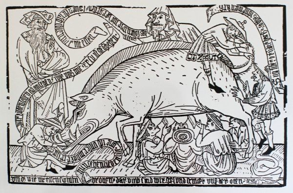 Niemal wszystko, co Żyd może zrobić ze świnią, na jednej rycinie. Antysemicka ilustracja z XV wieku, część stałej ekspozycji w Kulturhaus Wittlich w Nadrenii (źródło: domena publiczna).