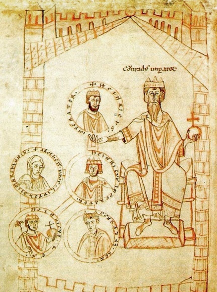 Po objęciu władzy Konrad II musiał stawić czoła silnej opozycji, która szukała poparcia u Mieszka II. Najazd z 1028 roku nie miał jednak nic wspólnego z buntem przeciwko niemieckiemu władcy Na ilustracji Konrad II i jego potomkowie (źródło: domena publiczna).