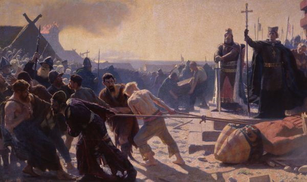 Laurits Tuxen, „Obalenia Świętowita w Arkonie przez biskupa Absalona”, przed 1890 (źródło: domena publiczna).