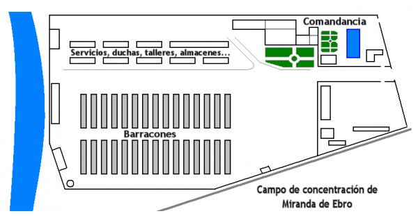 Franco, korzystając z nazistowskich wzorców, zamknął swoich przeciwników w obozach koncentracyjnych. Na ilustracji plan obozu Miranda de Ebro (autor: Mr. Benq; lic. domena publiczna).