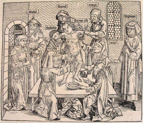 Zniknęło chrześcijańskie dziecko? To z pewnością wina miejscowych Żydów! Na rysunku widzimy, jak rytuał poświęcenia dziecka wyglądał według Hartmanna Schedela (Kronika Norymberska z 1493 roku, źródło: domena publiczna).