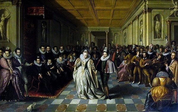 Henryk Walezy (pierwszy siedzący po lewej) na ślubie jednego ze swych faworytów, księcia Joyeuse, którego ożenił ze swą własną szwagierką. Obraz przypisywany Hieronymusowi Franckenowi (źródło: domena publiczna).