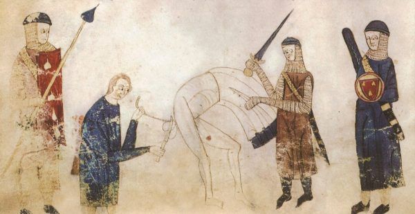 Scena kastracji na miniaturze z XIII-wiecznego francuskiego kodeksu.