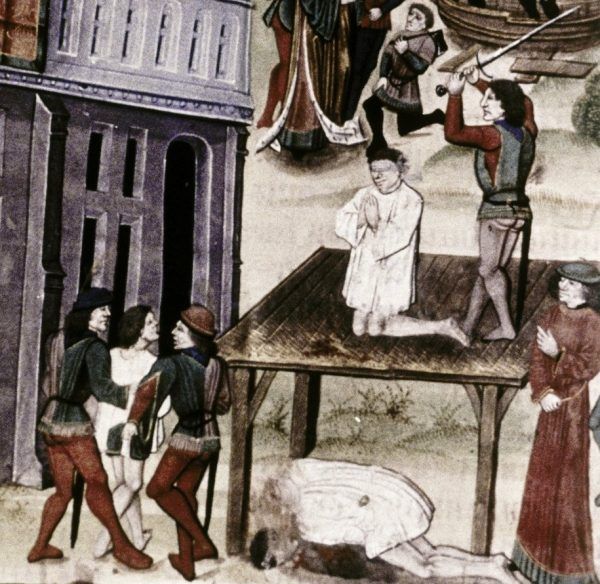 Śmierć poprzez ścięcie mieczem. Miniatura z flamandzkiego kodeksu z końca XV stulecia.