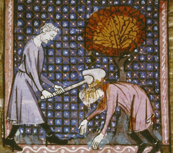 Kain morduje Abla. Miniatura z francuskiego kodeksu z początku XIV wieku.