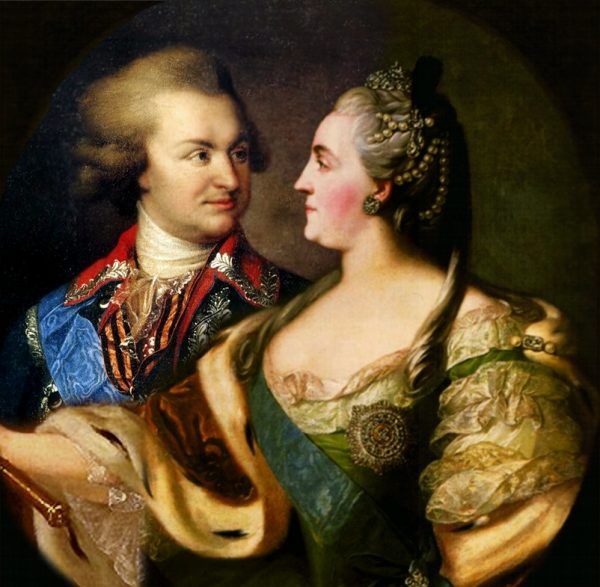 "Złoty bażant" i jego "gorąca kobieta" na współczesnym kolażu portretu Potiomkina pędzla Lampiego i Katarzyny II pędzla Fiodora Rokotowa (autor: Shakko, lic. CC BY-SA 3.0).