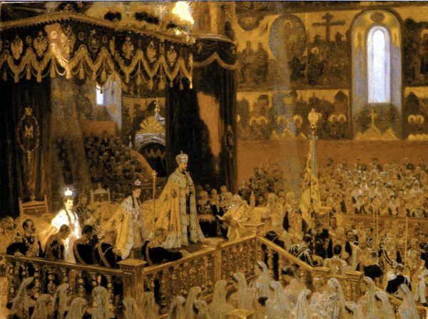 Mikołaj II, choć z natury raczej dobry i łagodny, był niewłaściwym człowiekiem na niewłaściwym miejscu. A jego największym grzechem było niezachwiane przekonanie o nieograniczoności własnej władzy, mimo braku kompetencji do jej sprawowania. Na obrazie koronacja Mikołaja II i jego żony Aleksandry Fiodorowny pędzla Lauritsa Tuxena (źródło: domena publiczna).