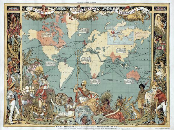 Lata dominacji nad światem zostawiły w Brytyjczykach przeświadczenie, że są lepsi od wszystkich, niezależnie od pochodzenia i koloru skóry. Ozdobna mapa imperium brytyjskiego w 1886 roku autorstwa Waltera Crane'a (źródło: domena publiczna).