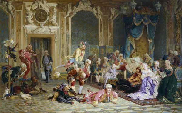 Caryca Anna dbała, by w jej otoczeniu było bardzo wesoło... Obraz Walerija Jakobiego "Błaźni na dworze cesarzowej Anny Joannownej" z 1872 roku (źródło: domena publiczna).