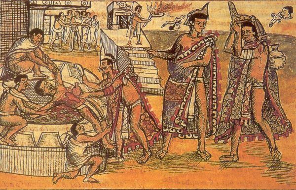 Azteccy kapłani dosłowni ociekali krwią niewolników składanych w ofierze (źródło: domena publiczna).