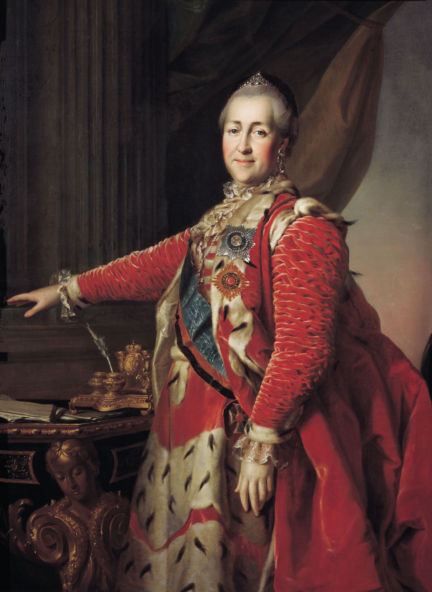 Katarzyna II kreowała się na oświeconą władczynię, ale nie przeszkadzało jej to w zezwoleniu na handel chłopami. Caryca na portrecie pędzla Dmitrija Grigorjewicza Lewickiego z 1782 roku (źródło: domena publiczna).