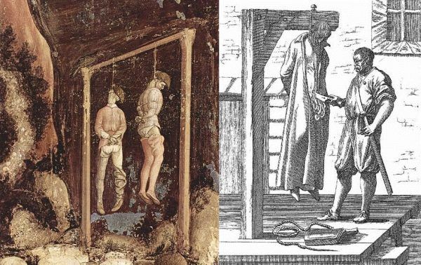 Powieszenie było najczęstszą metodą egzekucji w średniowieczu i nowożytności. Czasami, wieszaniu towarzyszyły jednak dodatkowe męki (źródło: domena publiczna).