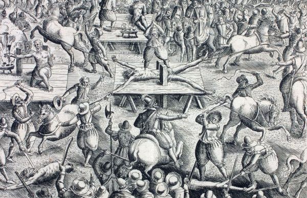 XVII-wieczna ilustracja przedstawiająca rozrywanie końmi skazańca (źródło: domena publiczna).