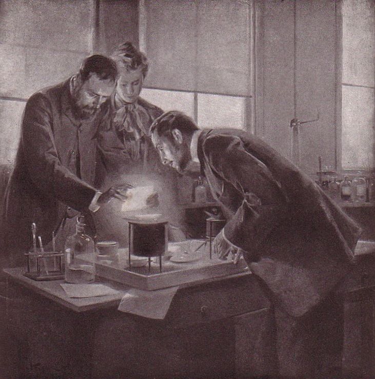 Maria i Piotr Curie sprawdzali działanie substancji aktywnych na własnej skórze. I nie przerywali eksperymentu, choć rana na ramieniu Piotra stawała się coraz głębsza (rys. André Castaigne, źródło: domena publiczna).