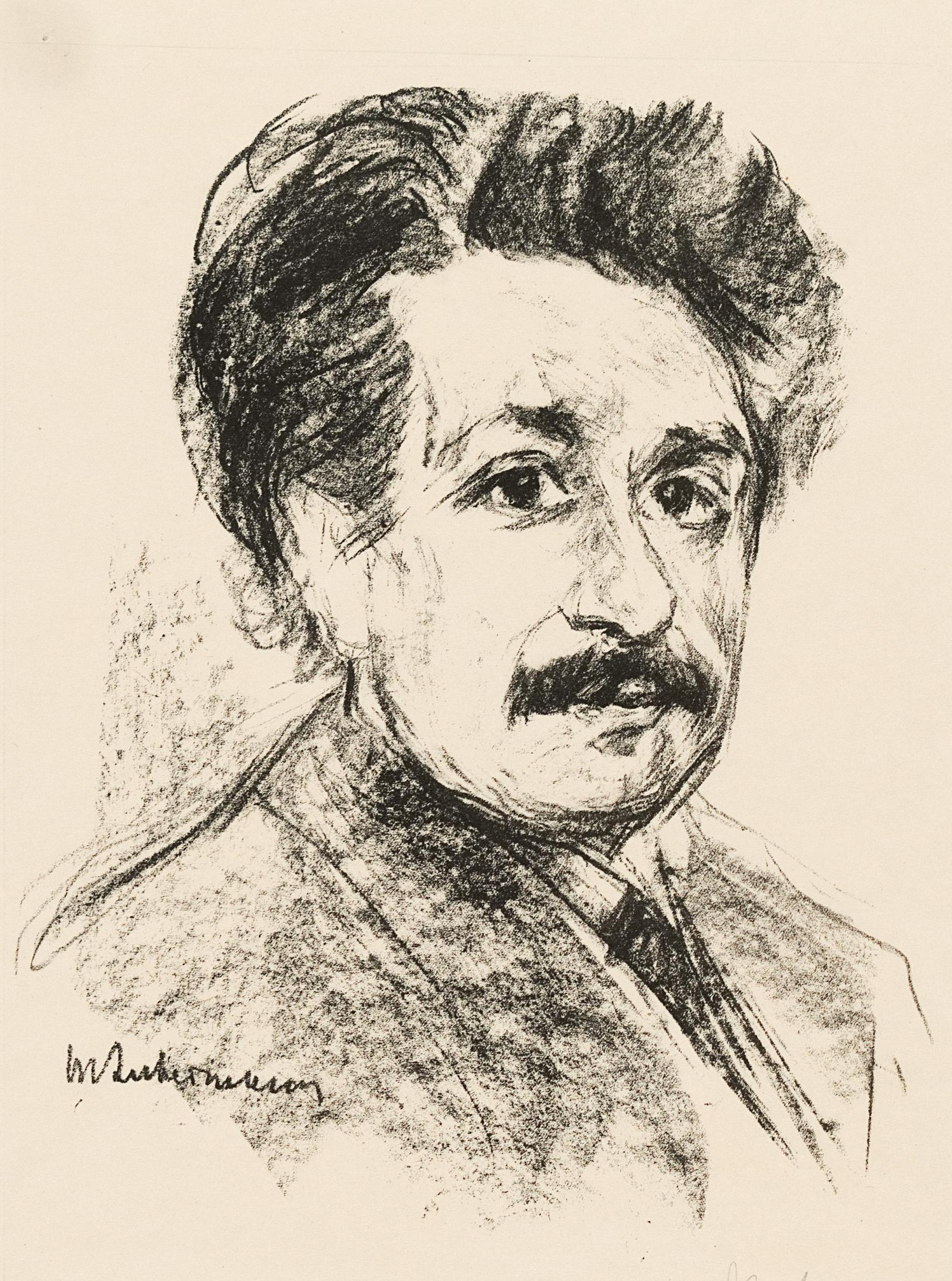Człowiek, który okradł swoją żonę z jej życiowego szczęścia, naukowego dorobku? Litografia przedstawiająca Alberta Einsteina w 1925 roku, wykonana przez Maxa Liebermanna (domena publiczna).