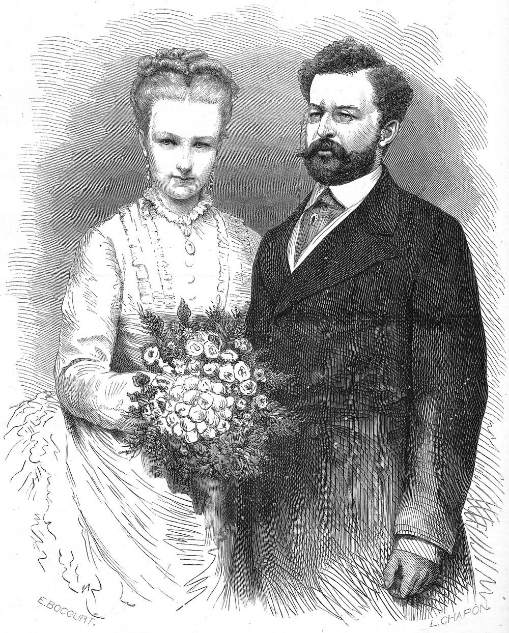 Niedobrane małżeństwo Luizy i Filipa źle się zaczęło, a potem było jeszcze gorzej. Akwaforta na podstawie zdjęcie ślubnego z 1875 roku (projekt: Etienne Bocourt, wykonanie: Léon-Louis Chapon, fotografia: Géruzet Frères; domena publiczna).