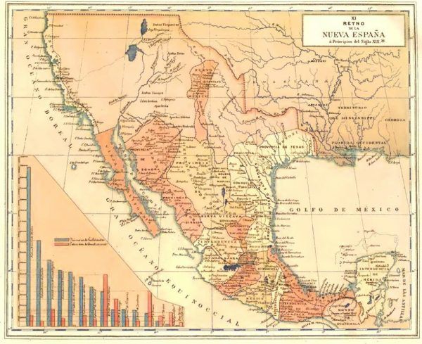 Wicekrólestwo Nowej Hiszpanii obejmowało znaczny obszar dzisiejszych Stanów Zjednoczonych, całą Amerykę Środkową oraz fragment Wenezueli (źródło: domena publiczna).