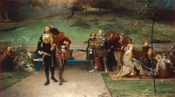 Król, nie zważając na nieprzychylne spojrzenia dworzan, spędzał miło czas ze swoim ukochanym (obraz Marcusa Stone'a "Edward II i jego faworyt, Piers Gaveston", domena publiczna).