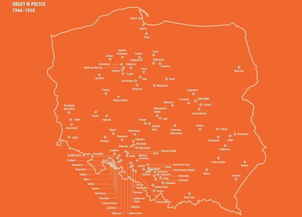 Mapa przedstawiająca sieć działających po wojnie na terenie Polski obozów. Grafika pochodzi z książki Marła Łuszczyny "Mała zbrodnia" (Znak Horyzont 2017). Kliknij, aby powiększyć.