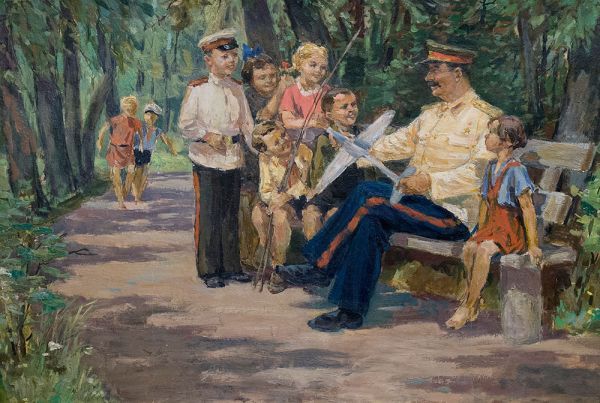 "Stalin z dziećmi". Obraz olejny Wiktora Jakowlewicza Konowałowa z lat pięćdziesiątych.